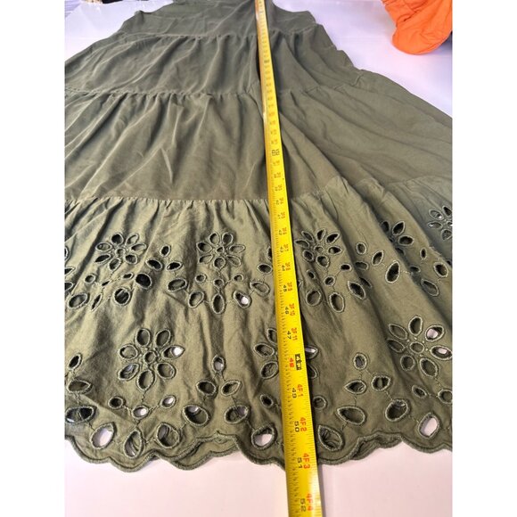 J.Crew Olive Green Sleeveless Tiered Midi Dress XL Eyelet Hem Cotton Made In Ind - Picture 8 of 9